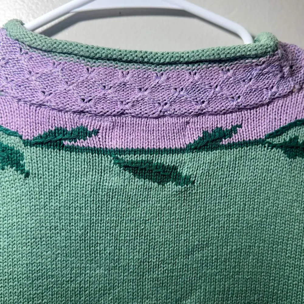 Vtg Storybook Knits Pastel Flower Cardigan Purple Green Cottagecore Large 90s - Picture 5 of 7